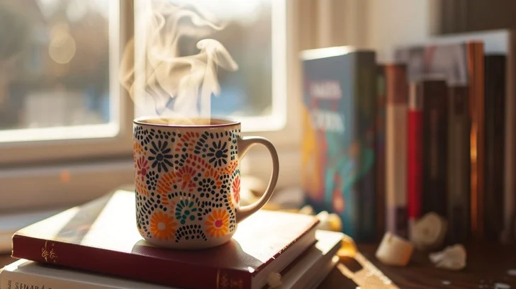 A cup of warm tea beside an open notebook on a wooden table in soft morning light