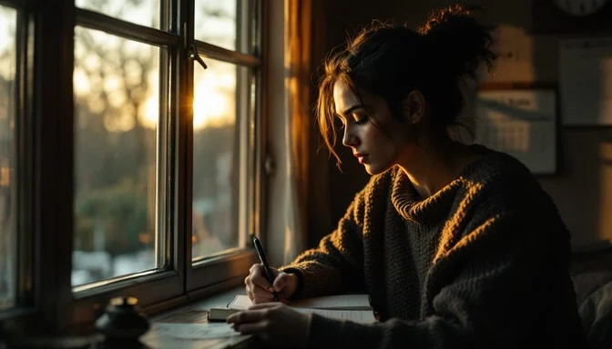 Person sitting peacefully by a sunlit window during a quiet morning routine